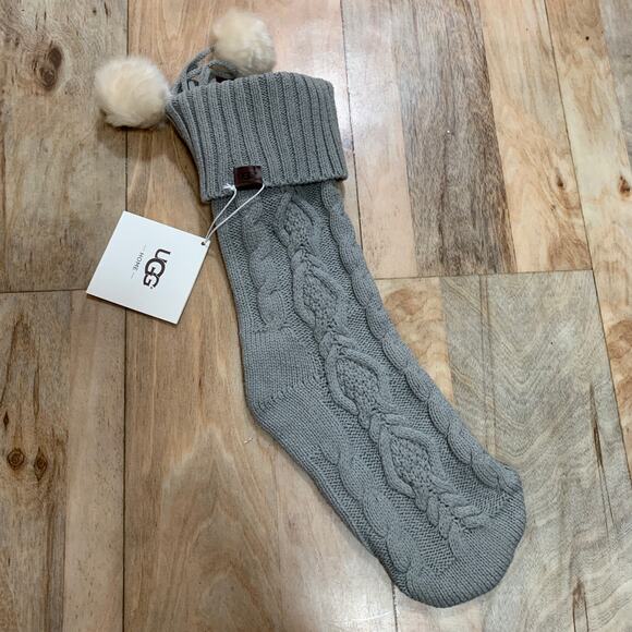 UGG Home Christmas Cable Knit Stocking Stuffer Gray Holiday Pom Pom 12” x 21” - Picture 2 of 8